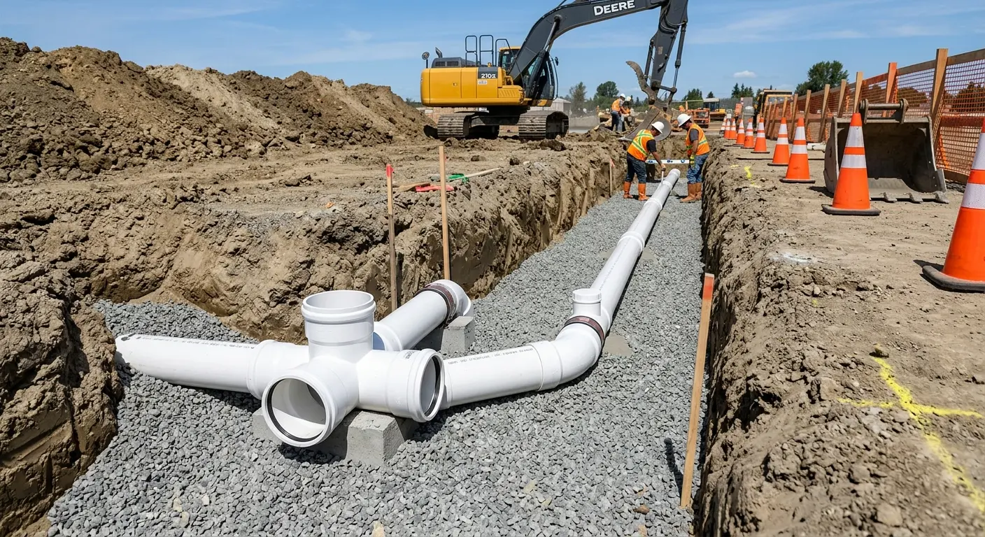 New PVC sewer pipe installation in open trench for Sewer Backup in Sarasota