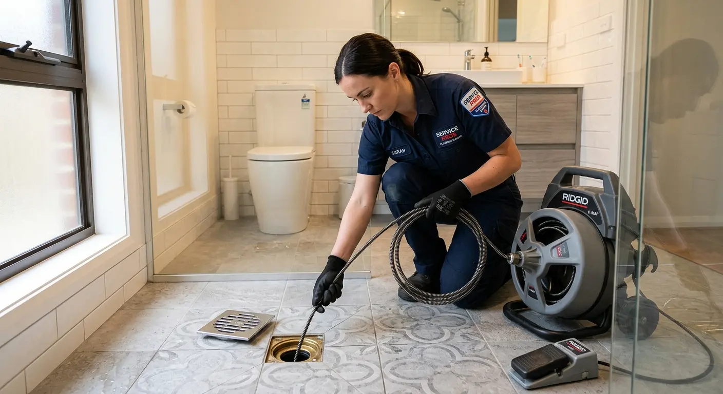 Technician clearing a bathroom floor drain for Drain Repair in Sarasota